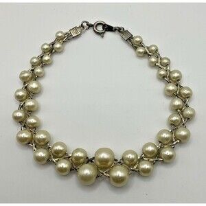 Silvertone Faux Pearl Braided Bracelet Edwardian Vintage Ornate Fashion Jewelry